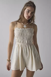 Glamorous Cotton-Linen Blend Ruffle Trim Smocked Romper