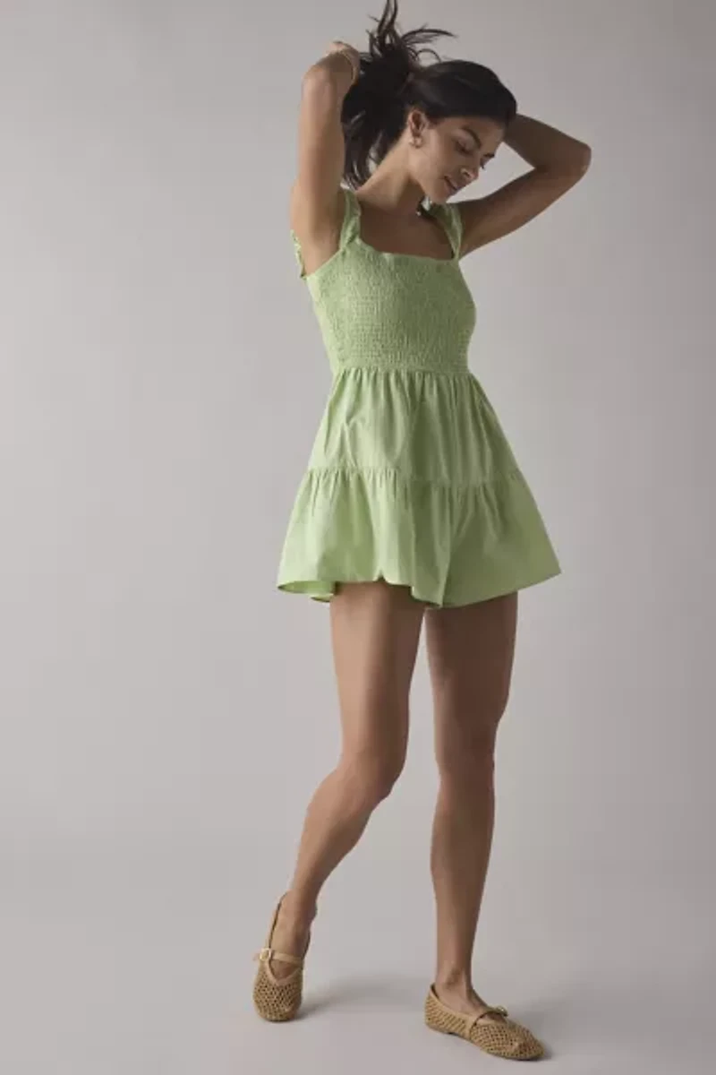 Glamorous Apple Green Cotton Square Neck Smocked Romper
