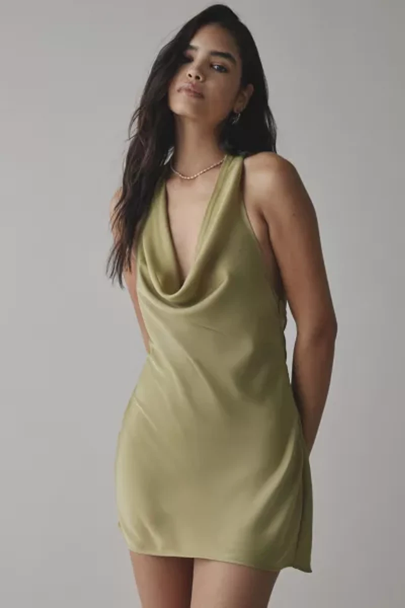 UO Alana Cowl Halter Slip Mini Dress