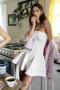 UO Angelique Fit-And-Flare Strapless Denim Mini Dress