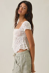 BDG Piper Sheer Lace Cap Sleeve Babydoll Top