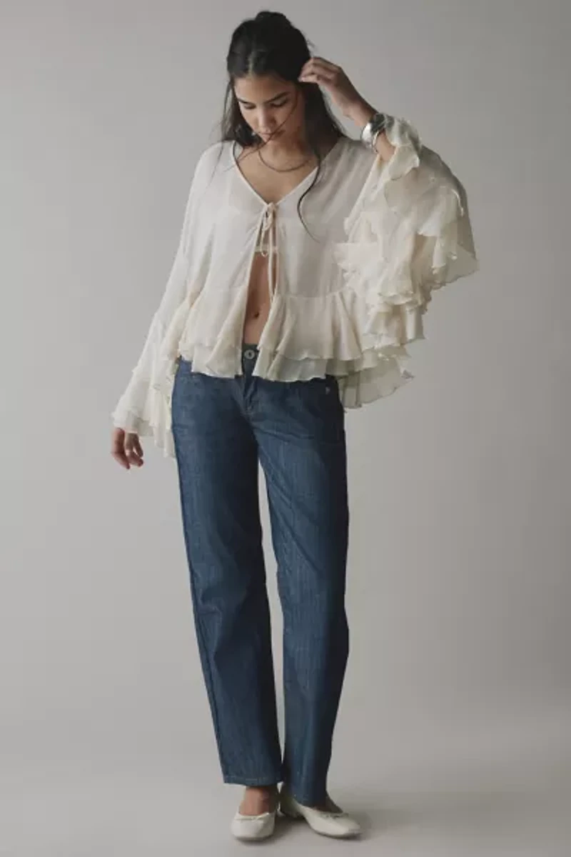 UO Twilla Ruffled Sheer Chiffon Tie-Front Flyaway Blouse