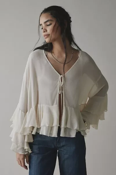 UO Twilla Ruffled Sheer Chiffon Tie-Front Flyaway Blouse