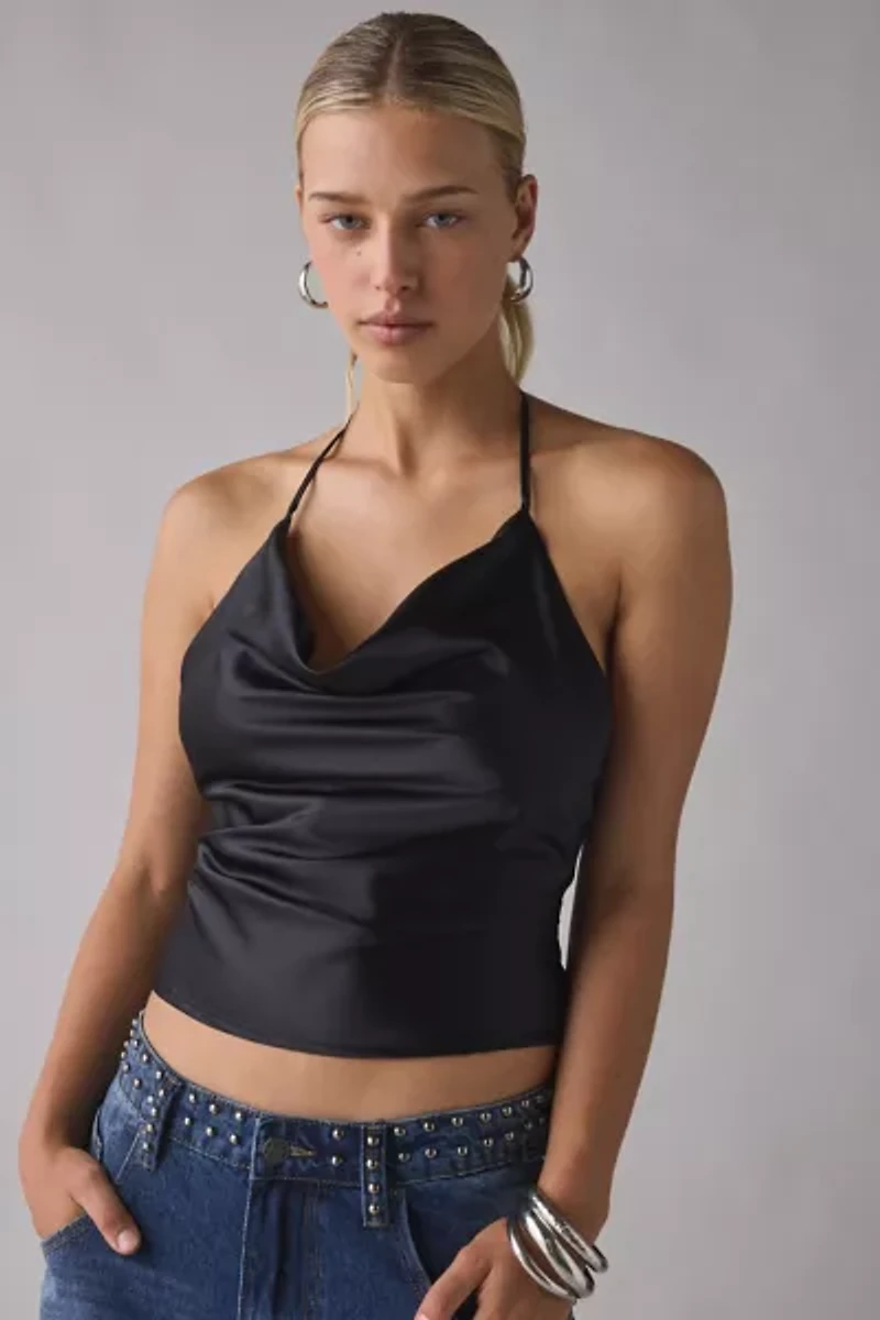 UO Deja Satin Cowl Neck Halter Cami