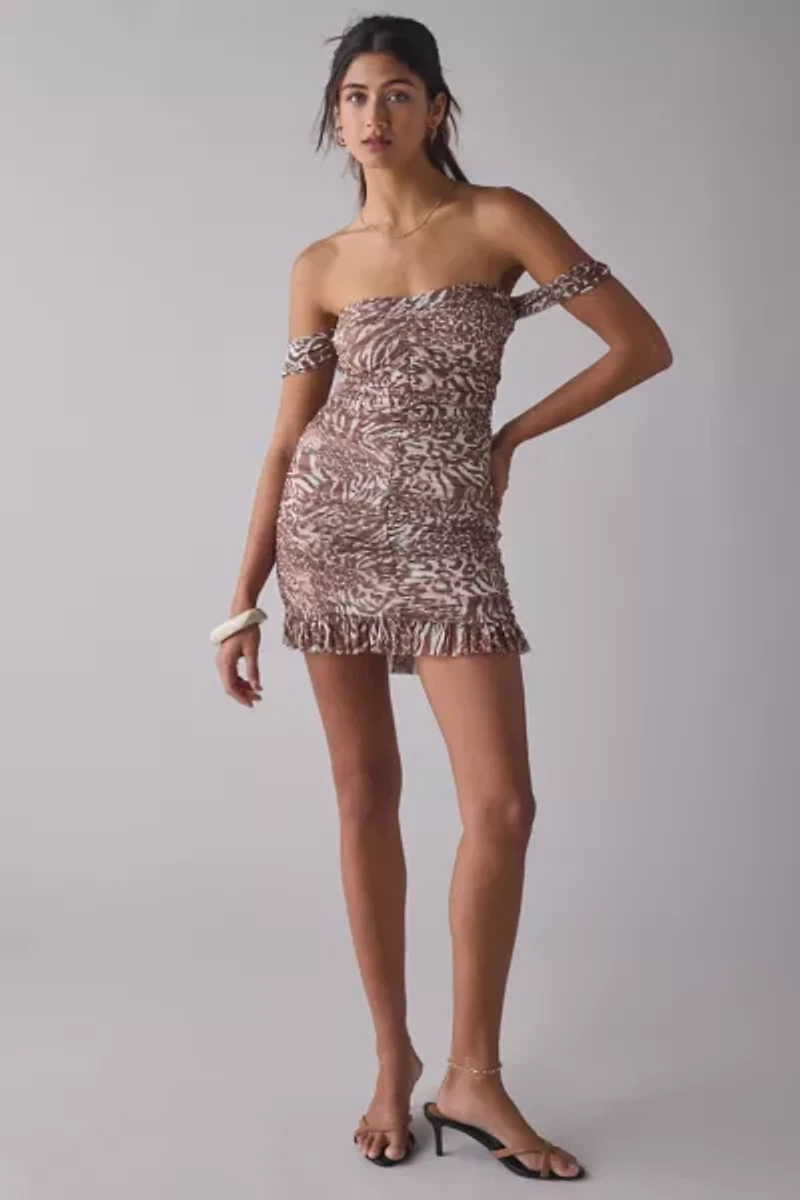AFRM Tolia Printed Mesh Ruched Off-The-Shoulder Mini Dress