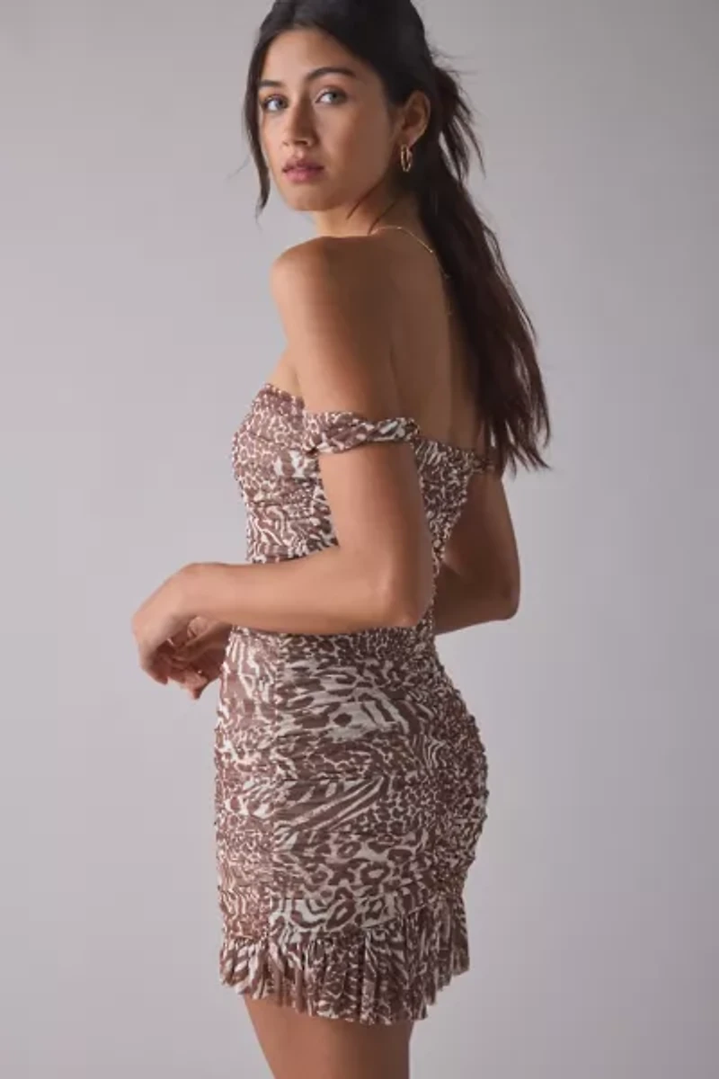 AFRM Tolia Printed Mesh Ruched Off-The-Shoulder Mini Dress