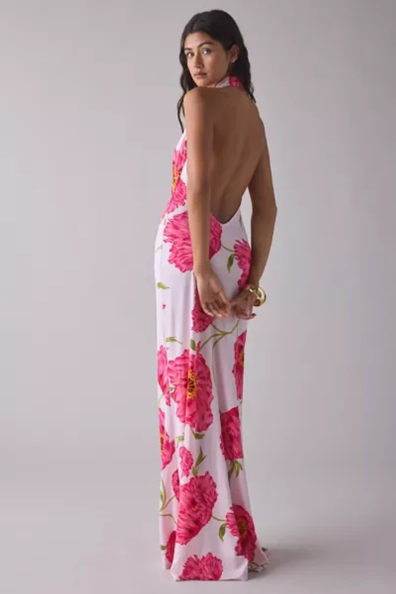 AFRM Imade Oversized Peony Plunging Cowl Halter Maxi Dress