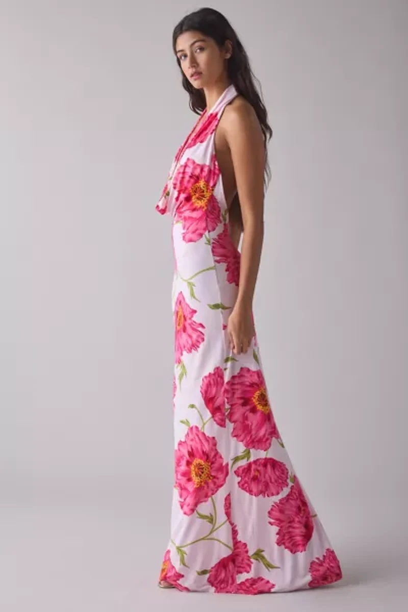 AFRM Imade Oversized Peony Plunging Cowl Halter Maxi Dress