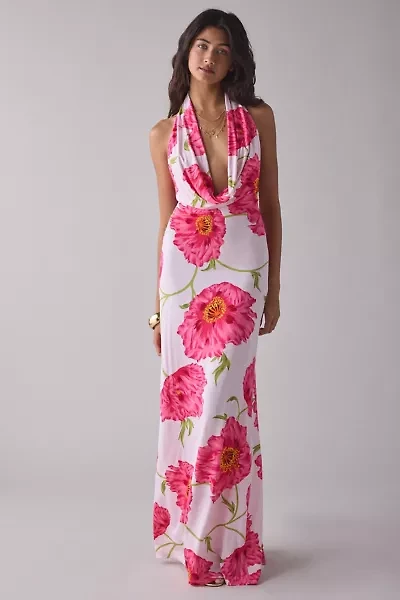AFRM Imade Oversized Peony Plunging Cowl Halter Maxi Dress