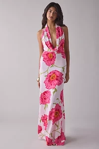 AFRM Imade Oversized Peony Plunging Cowl Halter Maxi Dress