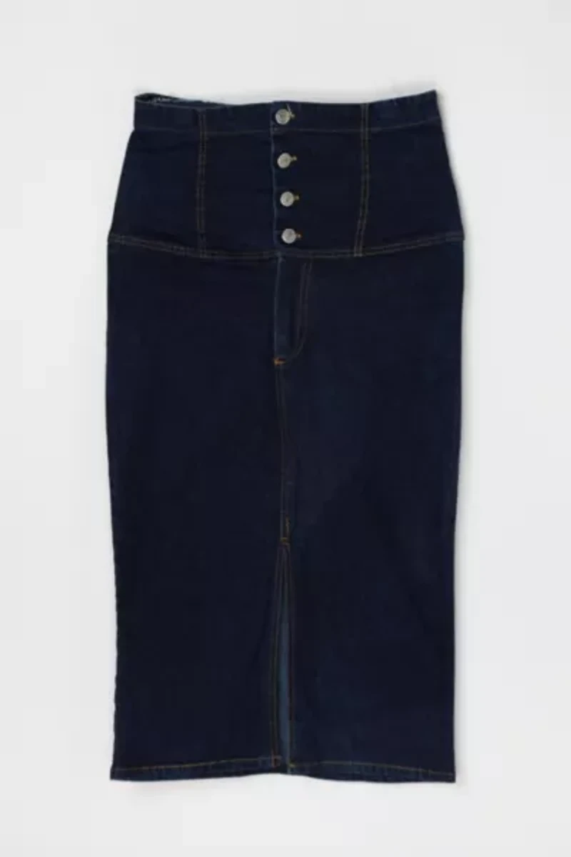 Vintage Y2k Contrast-Stitched High Rise Denim Midi Skirt