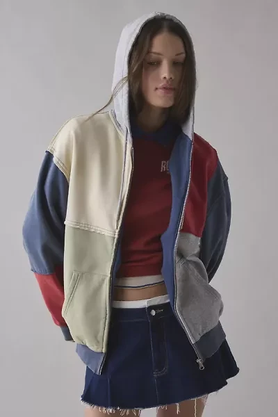 BDG Dusty Colorblock Patchwork Oversized Zip-Up Hoodie Sweatshirt