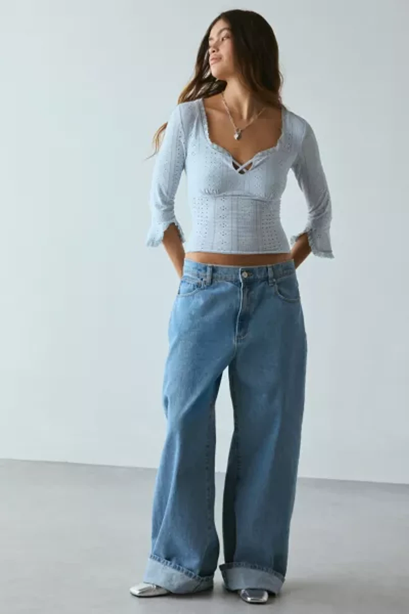 Kimchi Blue Zarina 3/4 Bell Sleeve Eyelet Knit Crop Top
