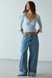 Kimchi Blue Zarina 3/4 Bell Sleeve Eyelet Knit Crop Top
