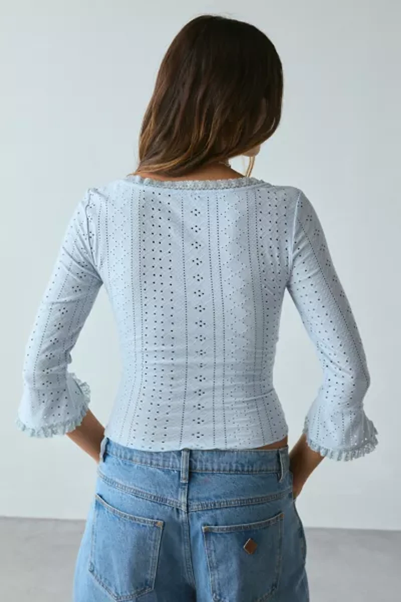 Kimchi Blue Zarina 3/4 Bell Sleeve Eyelet Knit Crop Top