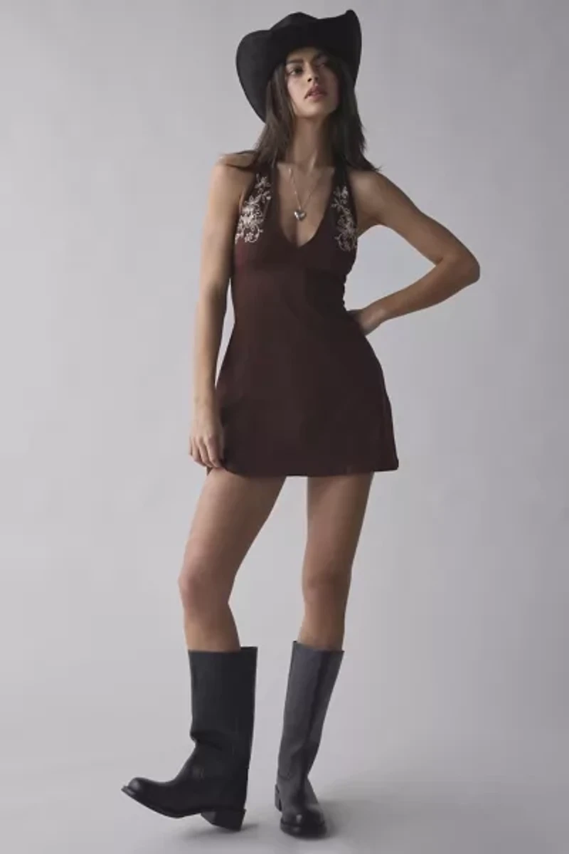 Motel Hepzhi Floral Embroidered Halter Mini Dress