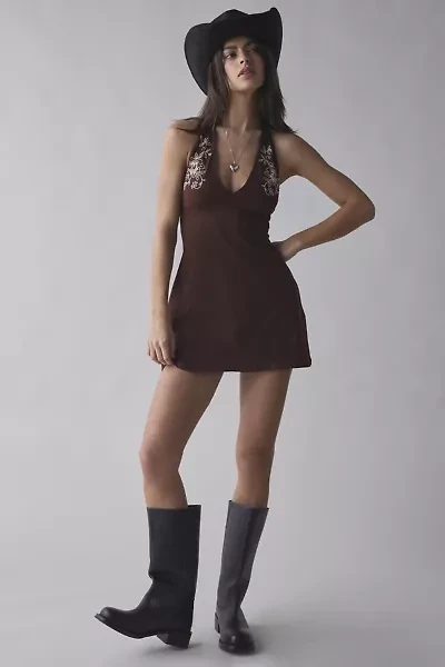 Motel Hepzhi Floral Embroidered Halter Mini Dress
