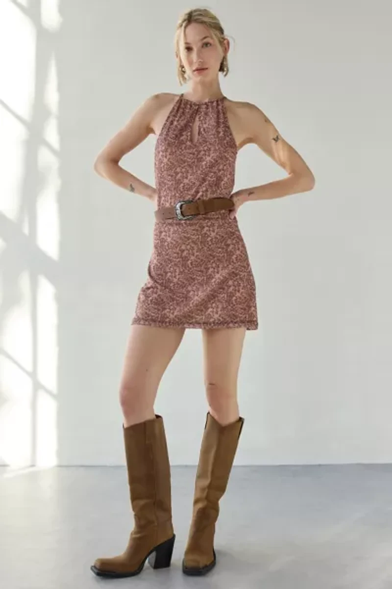 Motel Baristan High-Neck Halter Keyhole Cutout Mini Dress