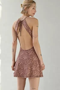 Motel Baristan High-Neck Halter Keyhole Cutout Mini Dress