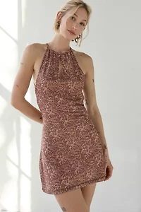 Motel Baristan High-Neck Halter Keyhole Cutout Mini Dress