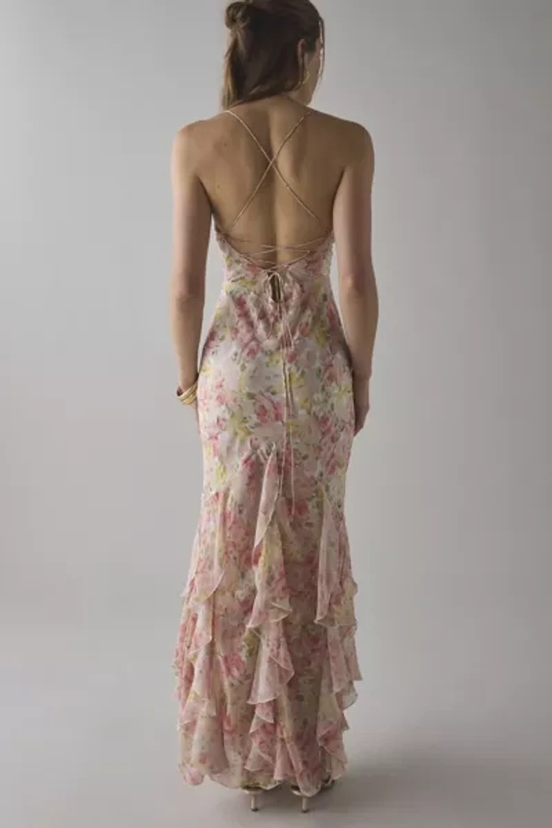 For Love & Lemons Elea Cascading Ruffle Chiffon Maxi Dress