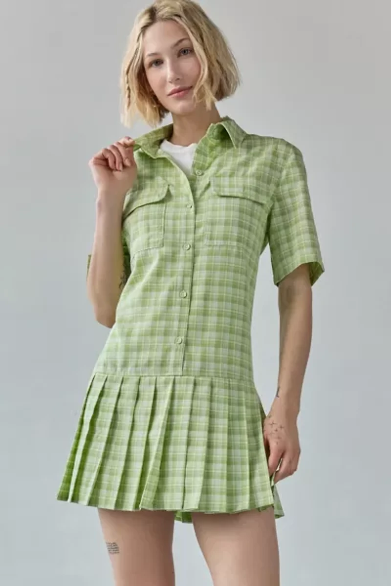 Another Girl Drop Waist Pleated Shirt Mini Dress