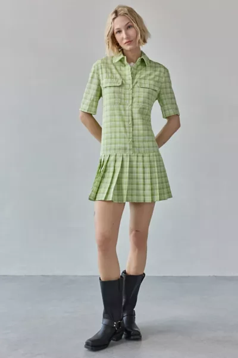 Another Girl Drop Waist Pleated Shirt Mini Dress