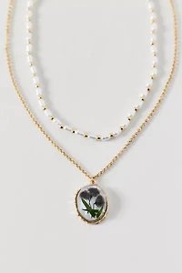 Flora Flower Pendant Pearl Layering Necklace Set