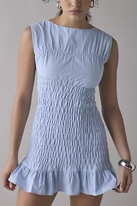 Another Girl Shirred Cotton-Blend Poplin Boatneck Mini Dress