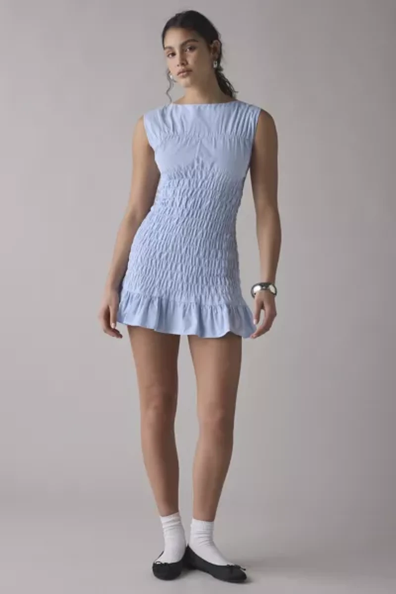 Another Girl Shirred Cotton-Blend Poplin Boatneck Mini Dress