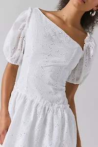 Rare London White Broderie Asymmetric Puff-Sleeve Mini Dress