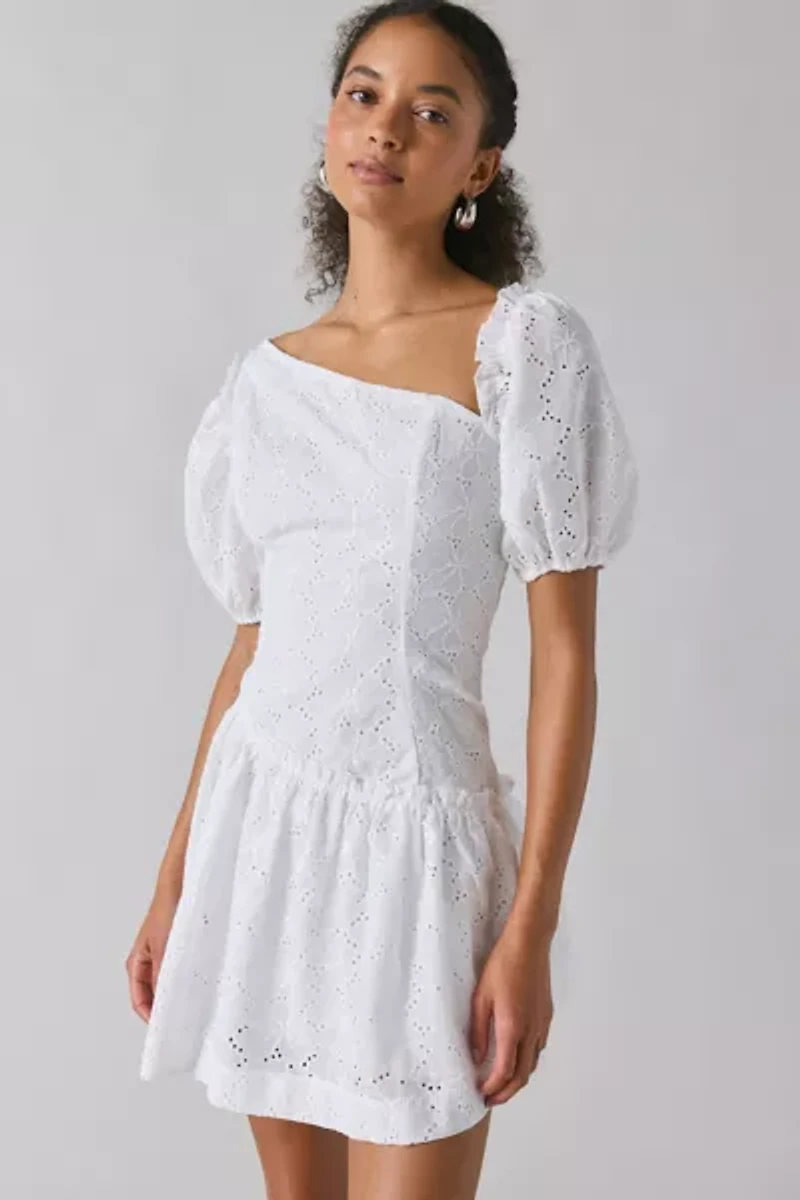 Rare London White Broderie Asymmetric Puff-Sleeve Mini Dress