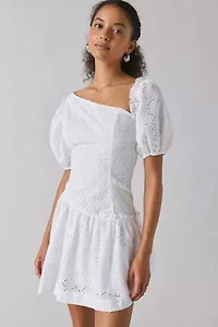 Rare London White Broderie Asymmetric Puff-Sleeve Mini Dress