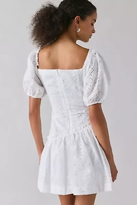 Rare London White Broderie Asymmetric Puff-Sleeve Mini Dress