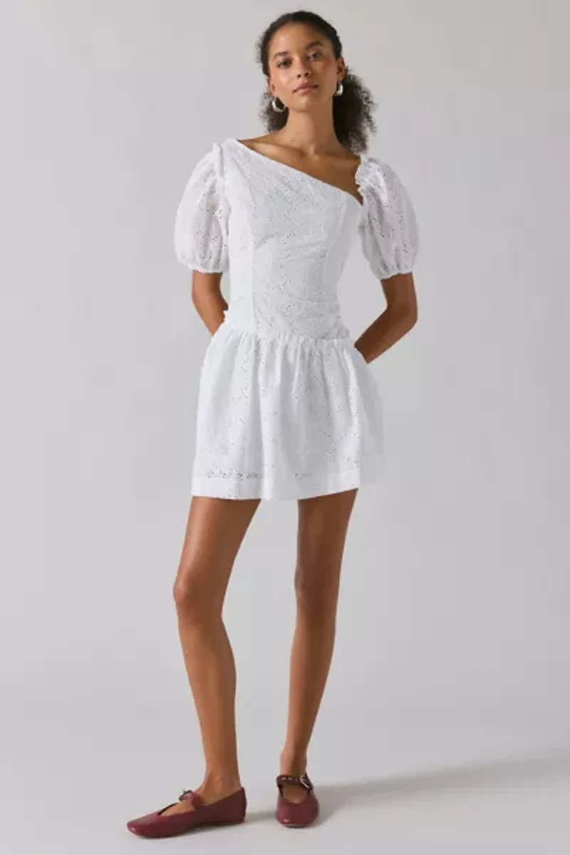 Rare London White Broderie Asymmetric Puff-Sleeve Mini Dress