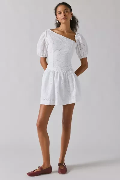 Rare London White Broderie Asymmetric Puff-Sleeve Mini Dress