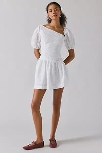 Rare London White Broderie Asymmetric Puff-Sleeve Mini Dress