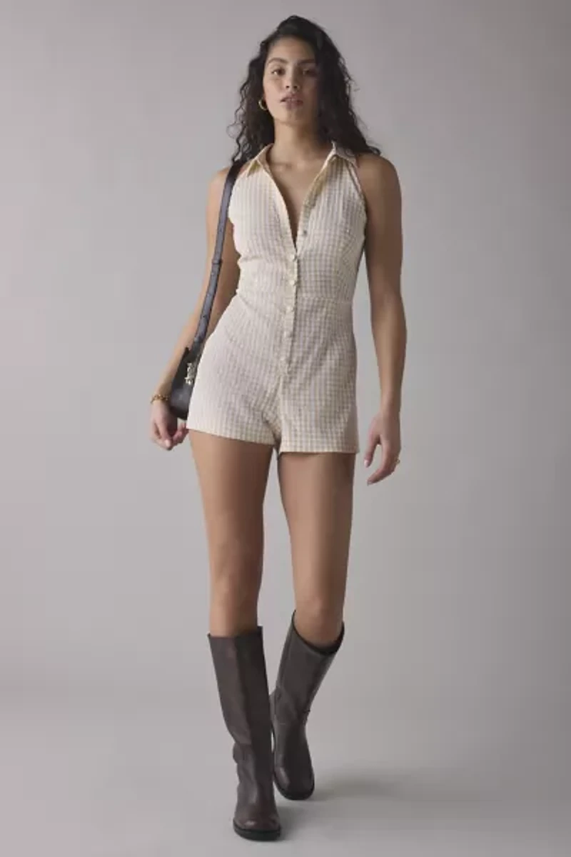 Rare London Lemon Gingham Button-Front Romper