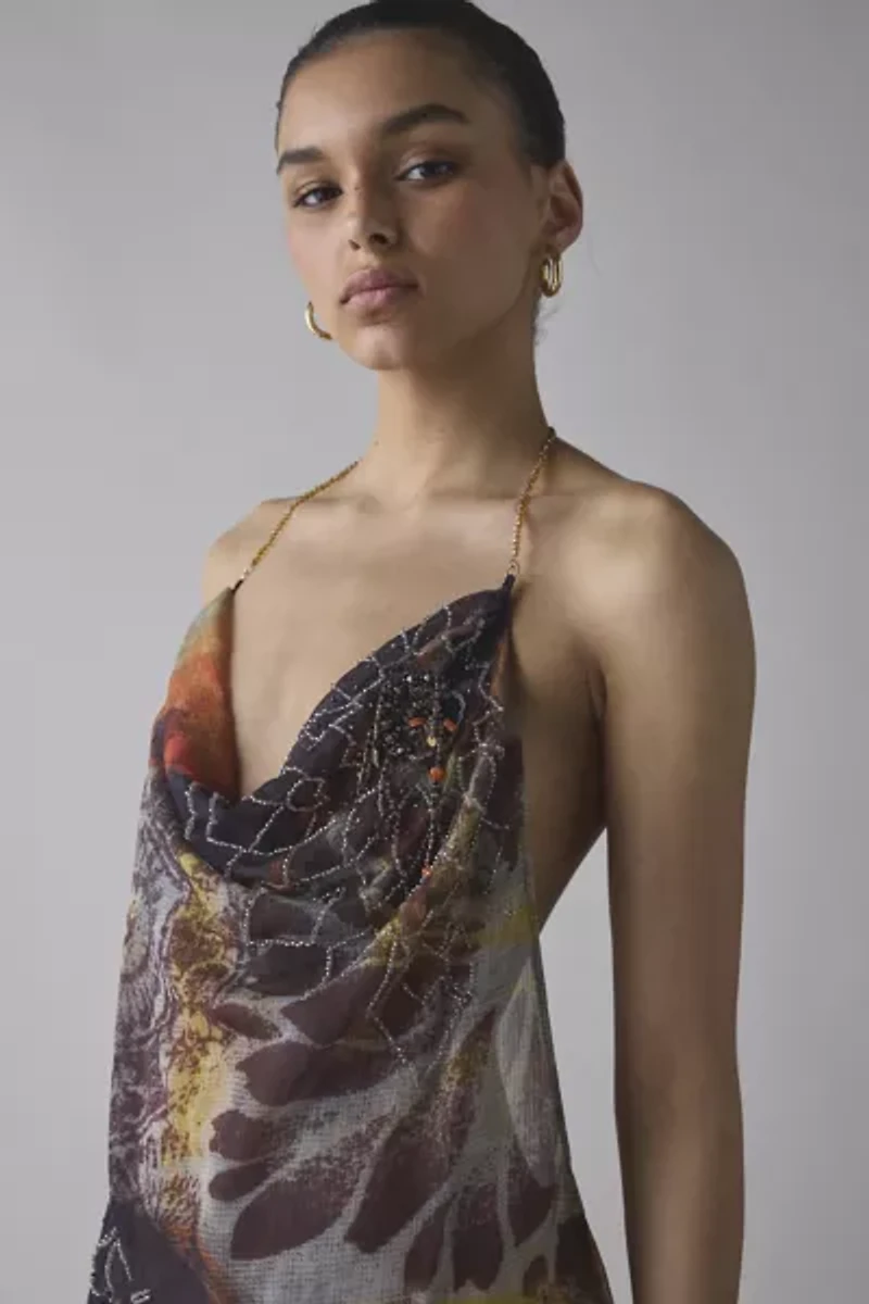 Jaded London Dahlia Cowl Neck Hand-Beaded Chiffon Maxi Dress