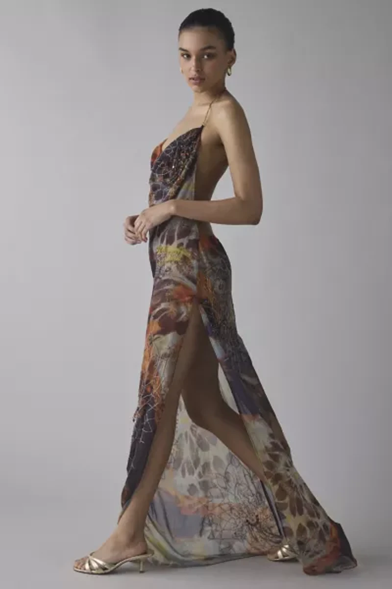 Jaded London Dahlia Cowl Neck Hand-Beaded Chiffon Maxi Dress