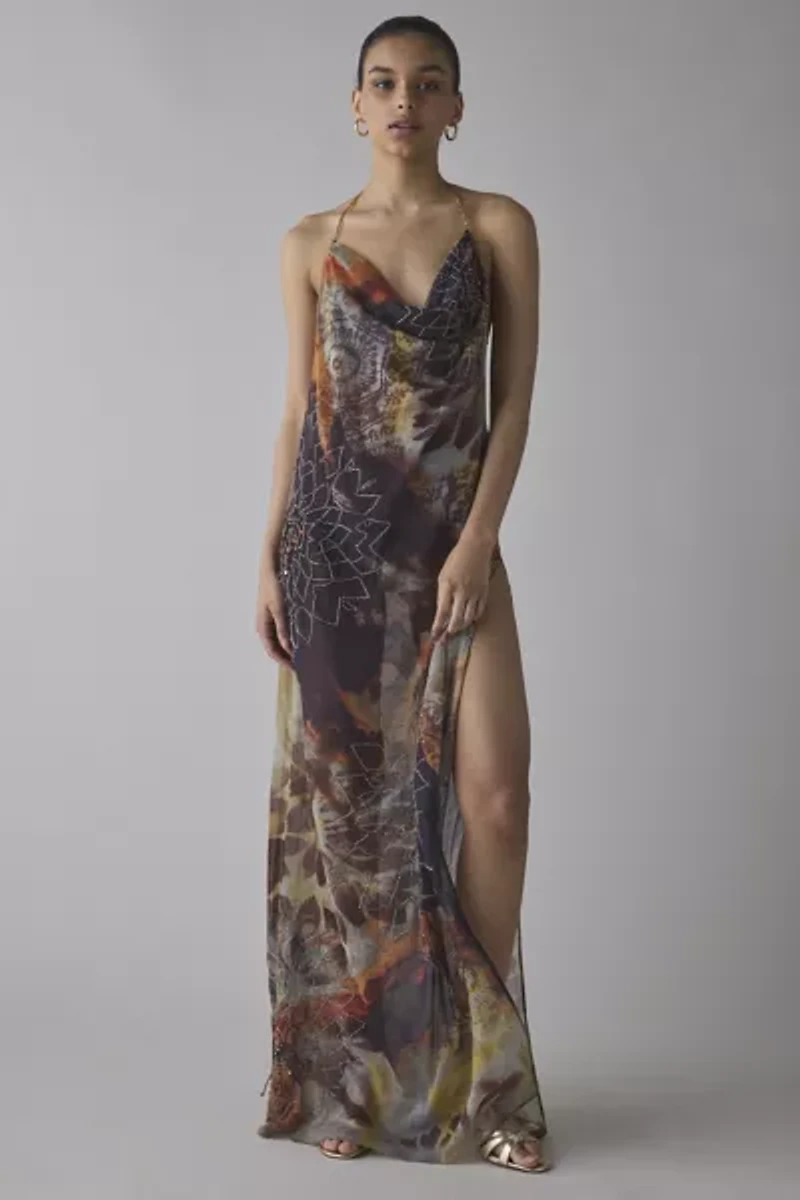 Jaded London Dahlia Cowl Neck Hand-Beaded Chiffon Maxi Dress