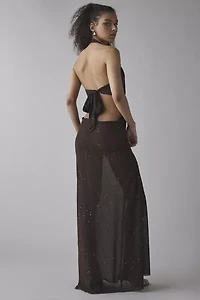 Jaded London Moara Sheer Shimmer Knit Plunge Open-Back Maxi Dress