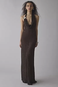 Jaded London Moara Sheer Shimmer Knit Plunge Open-Back Maxi Dress