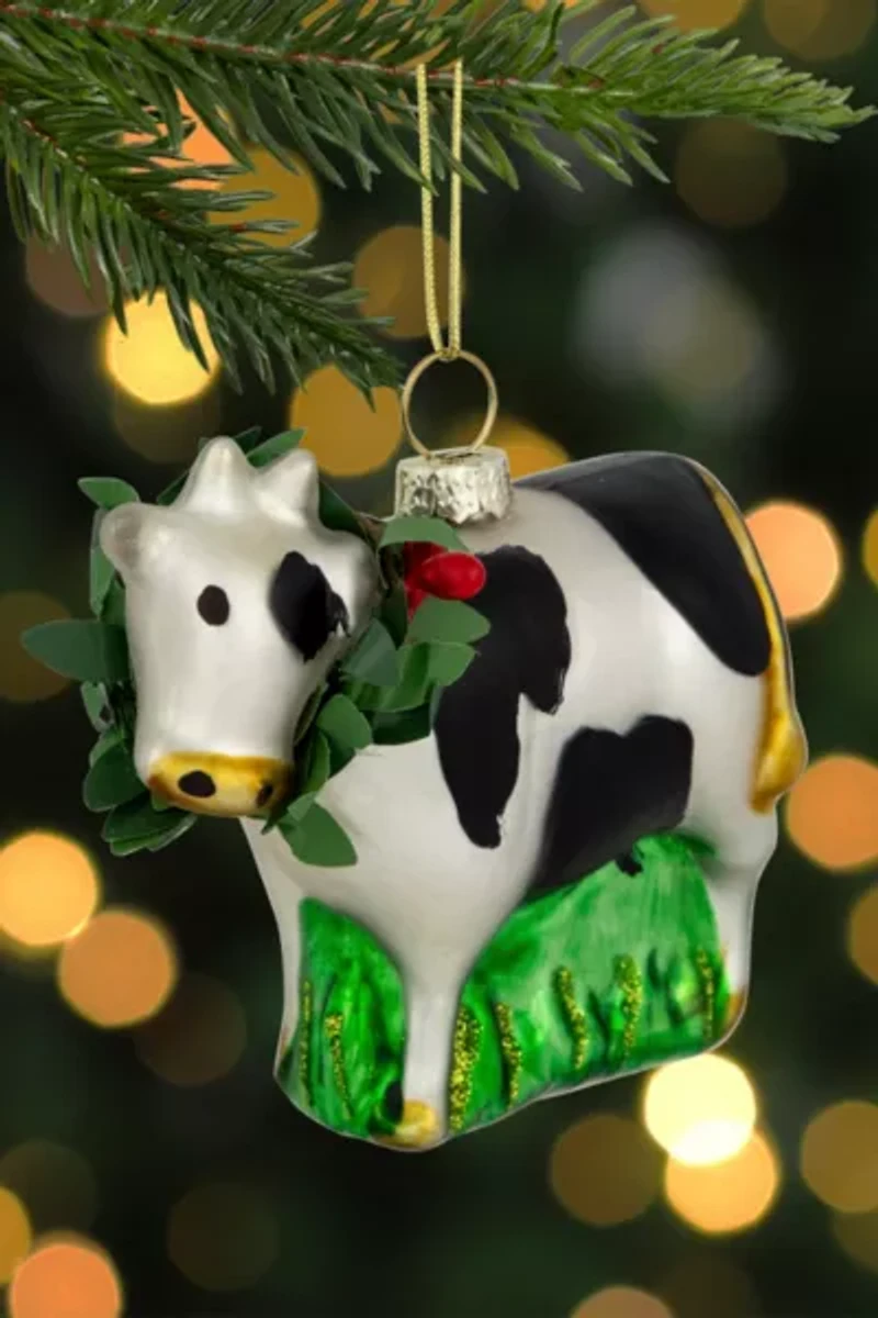 Holiday Cow Glass Ornament