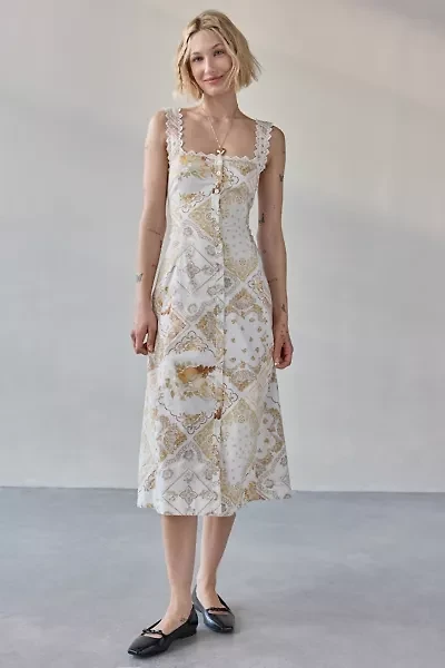 Kimchi Blue Martina Lace Trim Button-Front Midi Dress