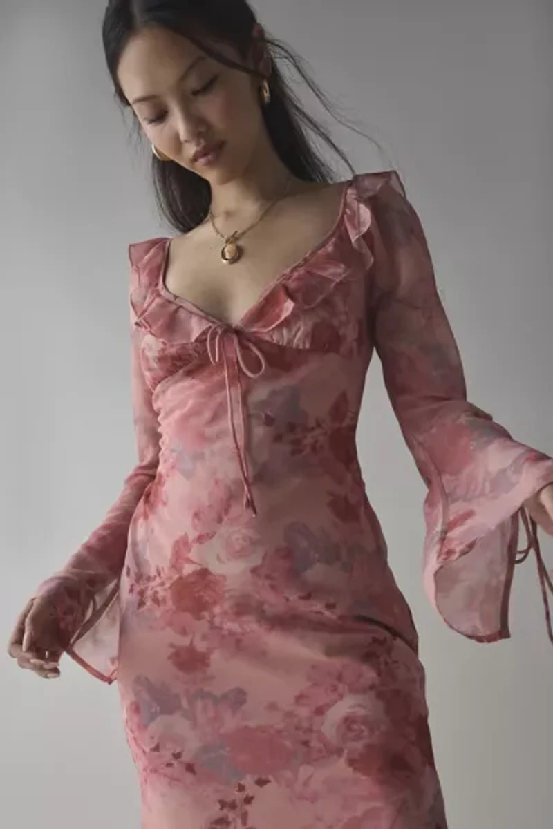 Kiss The Sky Ruffle-Trim Bell Sleeve Midi Dress