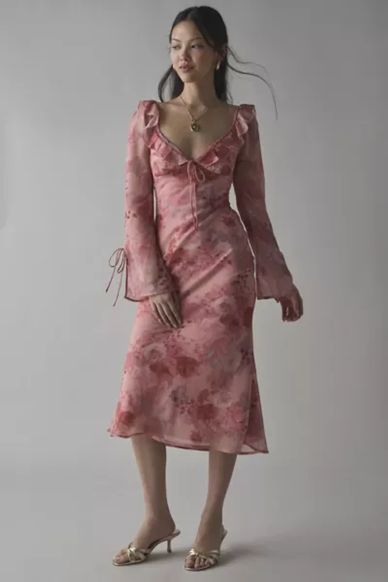 Kiss The Sky Ruffle-Trim Bell Sleeve Midi Dress