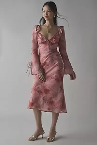 Kiss The Sky Ruffle-Trim Bell Sleeve Midi Dress