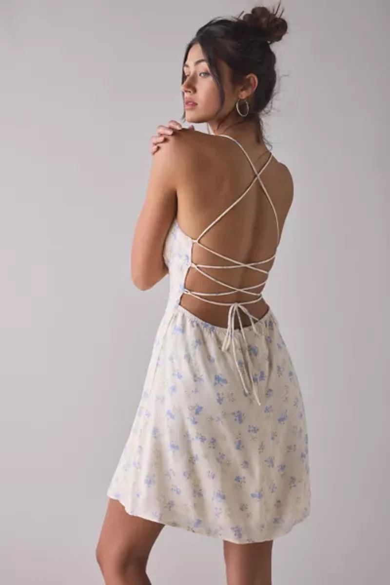 Kiss The Sky Blue Floral Lace-Up Open Back Mini Dress
