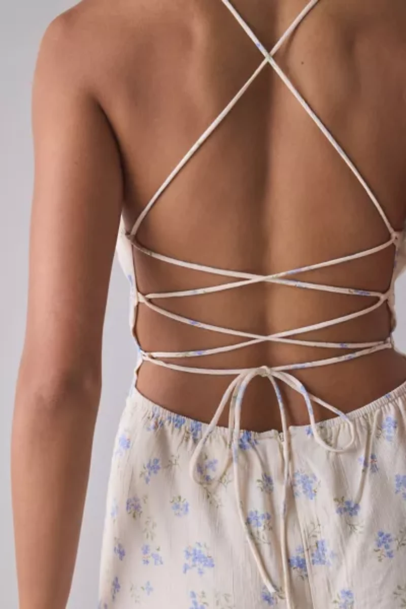 Kiss The Sky Blue Floral Lace-Up Open Back Mini Dress